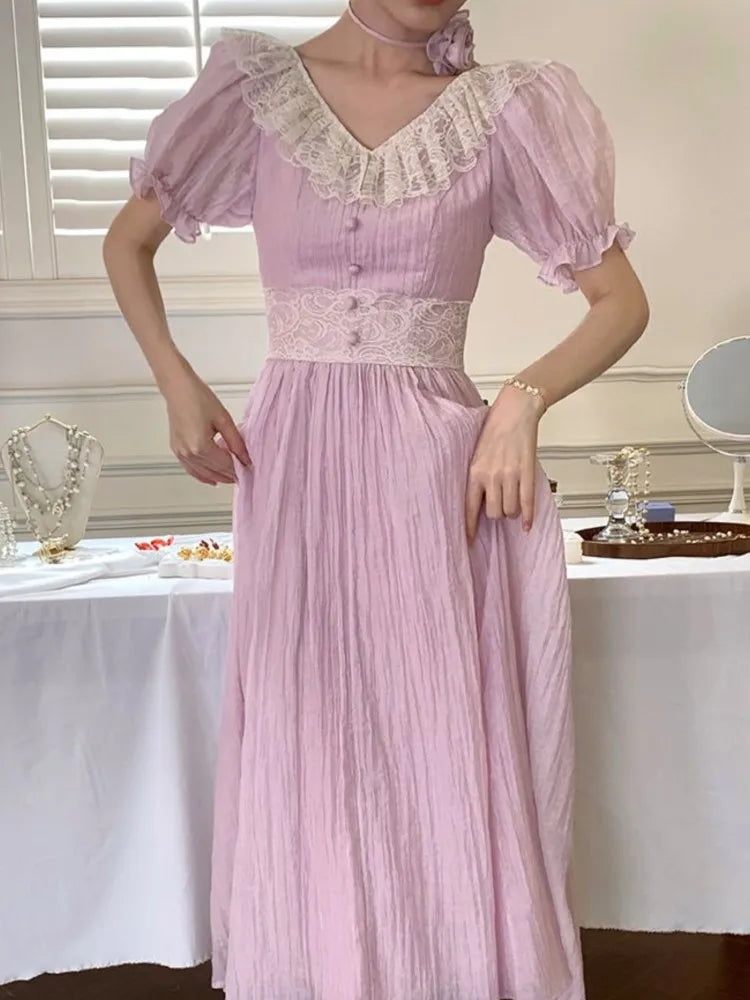 MQTIME - French Puff Sleeve Women Dress For Summer New Vintage Slim Waist Party Midi Dresses Chic V-neck Lace Lady Vestidos Robe A-line