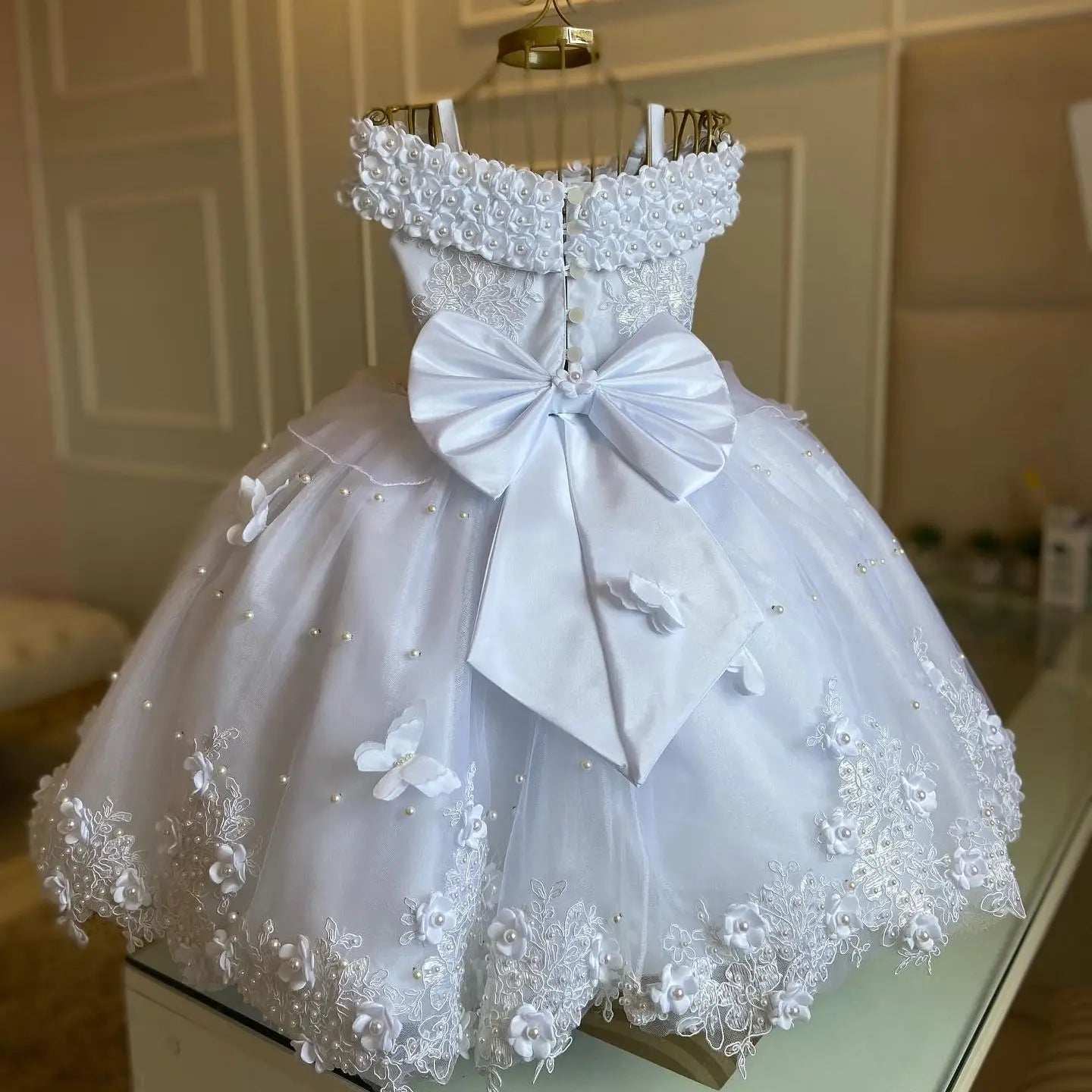 MQTIME - Cute White Pearls Flower Girls Dress First Birthday Princess Bow Back Tulle Christmas New Ball Gown Photoshoot Party