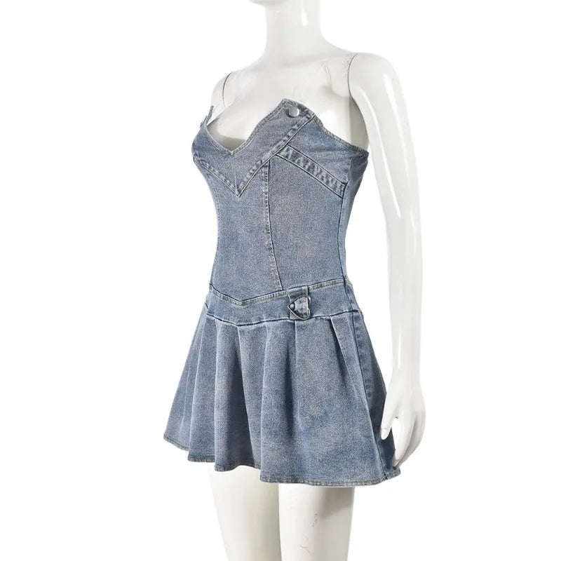 nvxiot - Women Fashion Sexy Denim Mini Pleated Dress V-neck Strapless Elastic Zip-up Backless Fit Flare Jeans Casual Summer Dresses