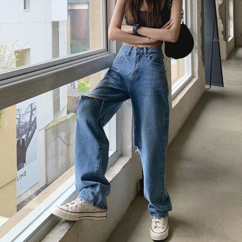 nvxiot - New Summer Women High Waist Straight Jeans Street Style Casual Ripped Hole Jeans Female Blue Washed Loose Pop Denim Pants