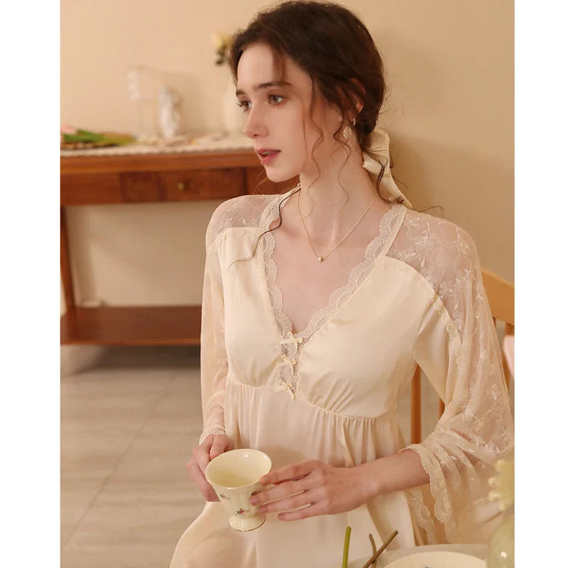 nvxiot - V-neck Long Sleeved Maternity Dresses Ice Silk Sweet Long Knee Sexy Pregnant Women's Sleeping Dress Soft Cozy Gravida Clothing