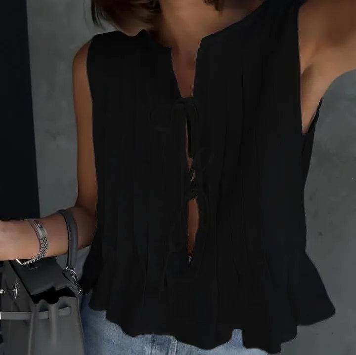 nvxiot - White Cotton Linen Shirt for Women Elegant Sexy Sleeveless Lace Up Blouse Summer Fashion Pleated Causal Holiday Shirts 2024
