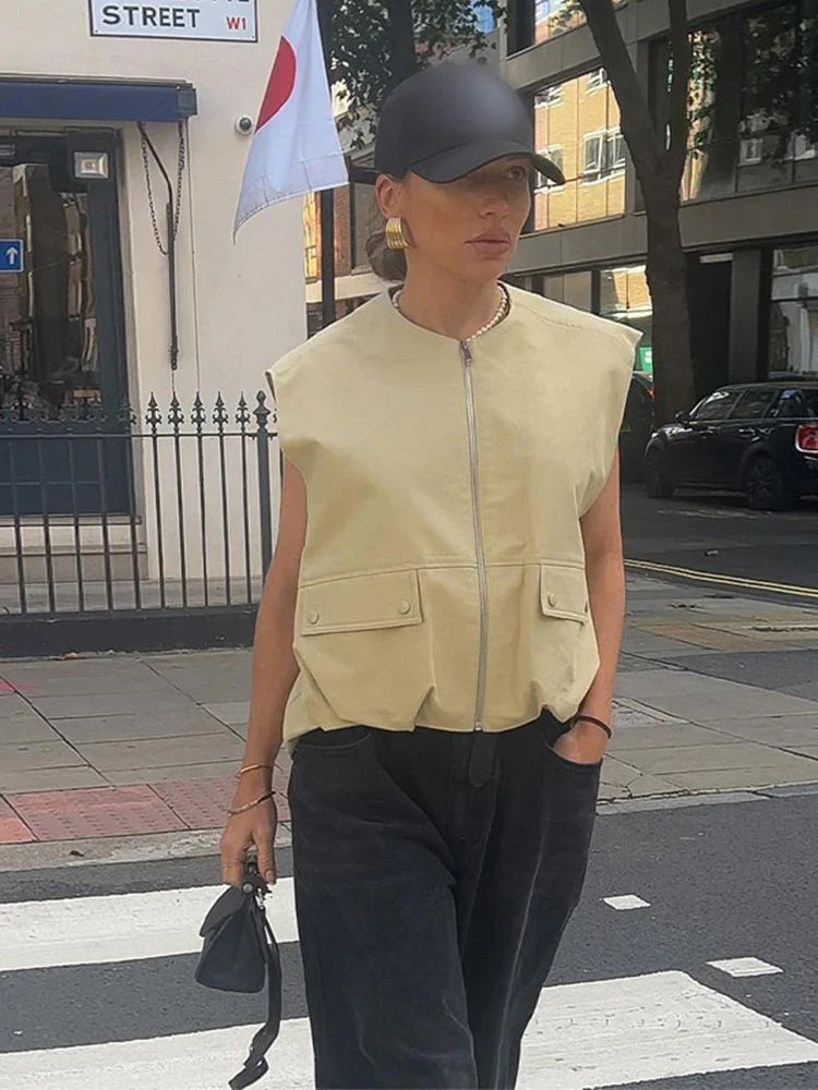 MQTIME - Fashion Zipper Pocket Sleeveless Vest Women Elegant Round Neck Loose Short Waistcoat Casual 2024 Autumn New Lady Street Tops
