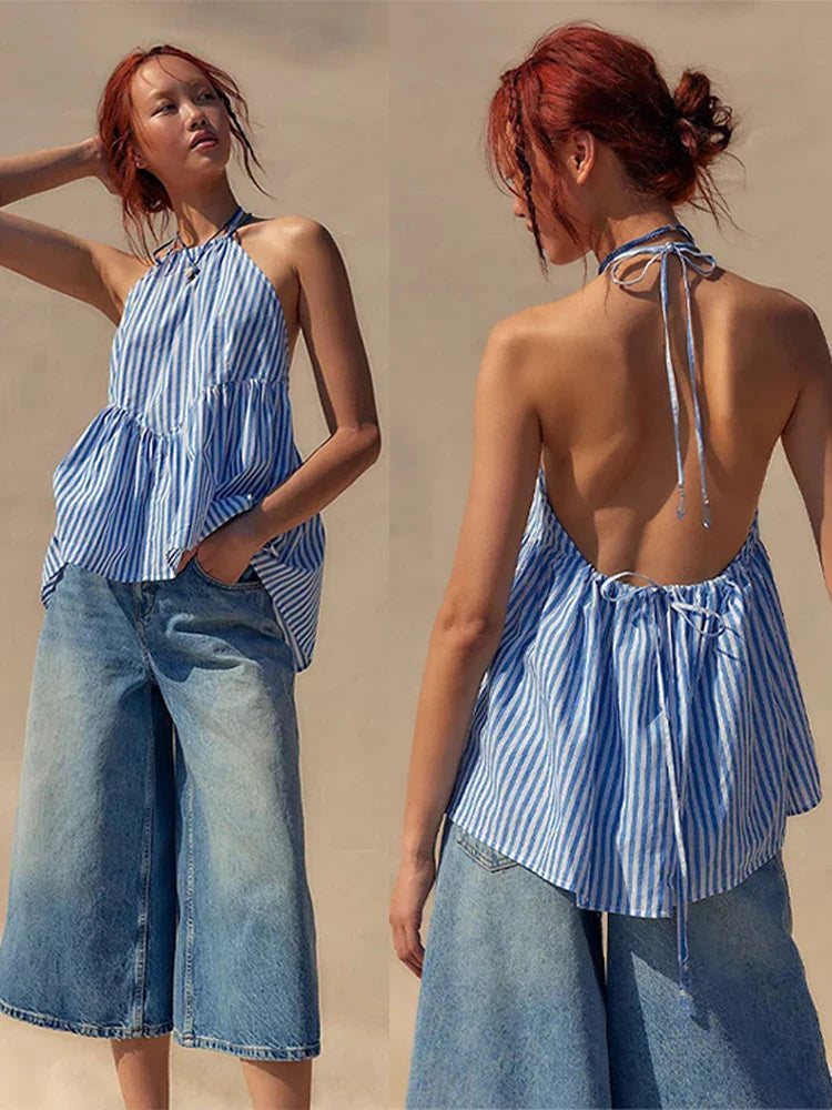 nvxiot - Striped Halterneck Tops Women 2024 Summer Sexy Straps Backless Shirts Blouses Female Casual Sleeveless Y2k Holiday Beachweaer
