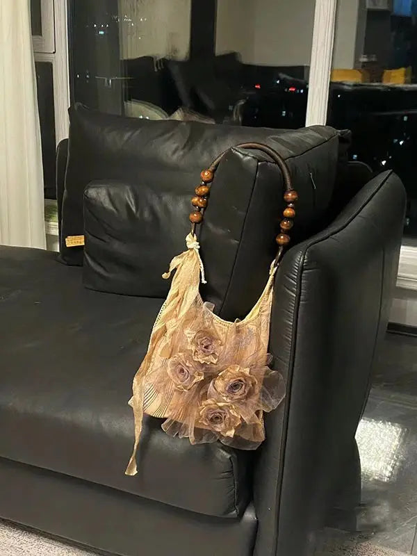 nvxiot - Fairy Core Rose Handbag Women Vintage Chinese Style Folds Chic Black Shoulder Bags Ladies Retro Sweet Cool Y2k Purses