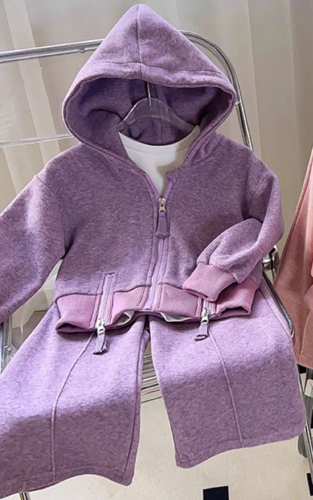 MQTIME - Spring Autumn Children Girl 2PCS Clothes Set Cotton Zipper Hooded Outwear Coat Solid Flared Pant Baby Girl Suit Kid Girl Outfits