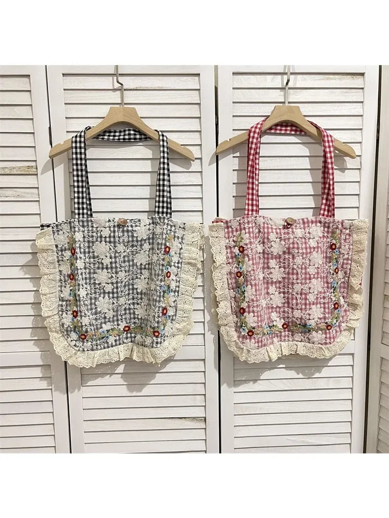 nvxiot - Women Vintage Plaid Lace Embroidery Single Shoulder Bags Totes Women's Soft Floral Cotton Large Capacity Bag