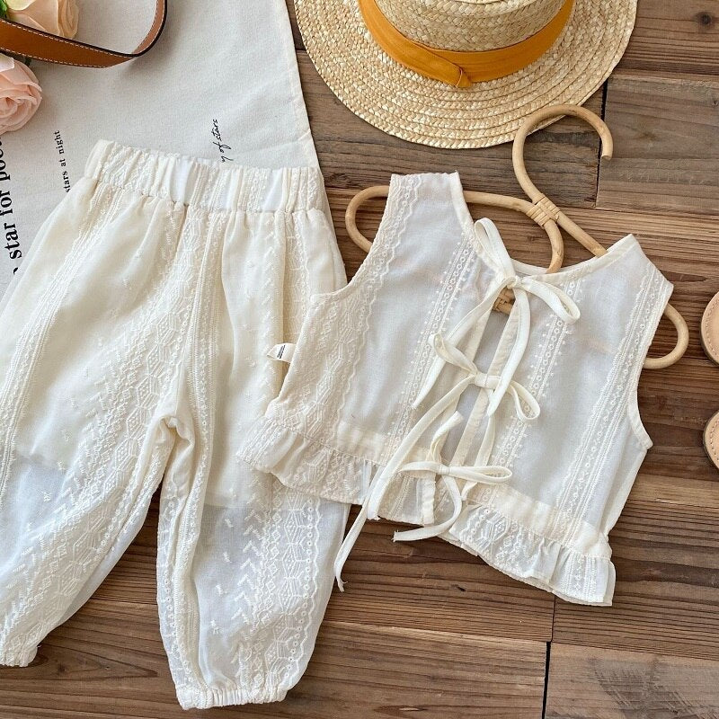 nvxiot Girls Summer Korean Clothing Sets Casual Sleeveless Hollow Lace T-shirt+Pants 2pcs Suit 0-6Y Strap Cardigan Vest Clothes Outfits