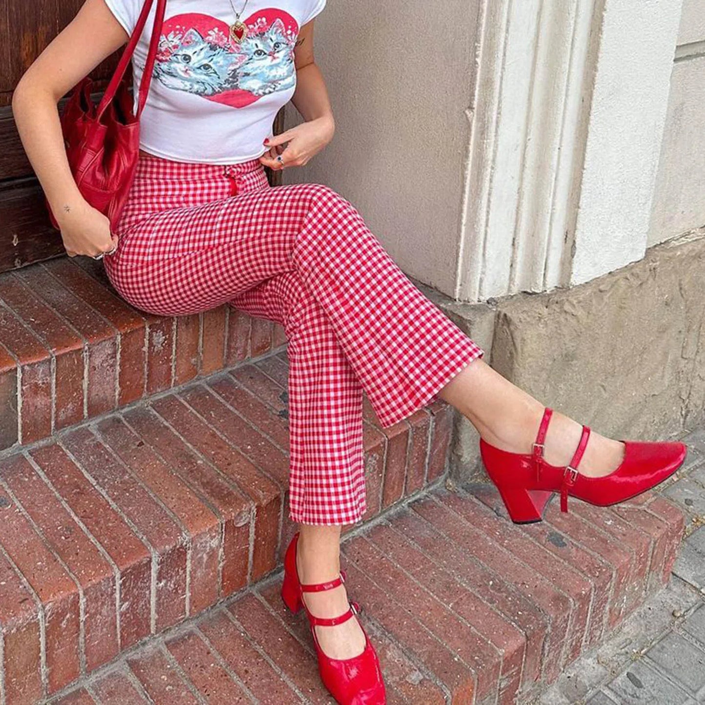 nvxiot - Womens Plaid Wide Leg Flare Pants High Waist Baggy Checkerboard Printed Straight Leg Trousers Joggers Streetwear