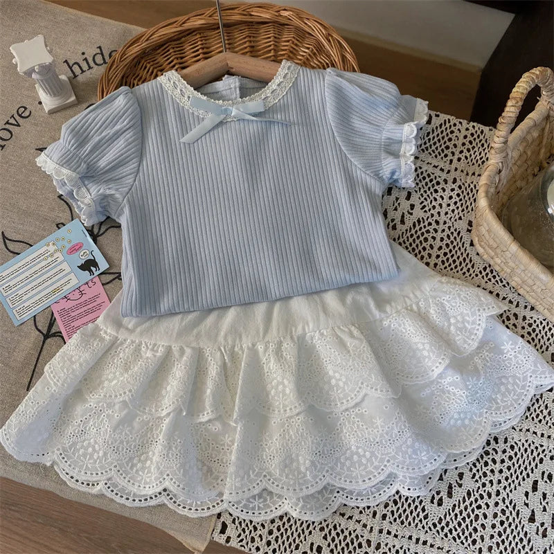 MQTIME - 2024 Summer 2-6Y Girl Clothes Set Cotton Ribbed Knotbow Ruffle Sleeve Kid Girl Top Suit Lace Elastic Waist Skirt Kid Girl Outfit