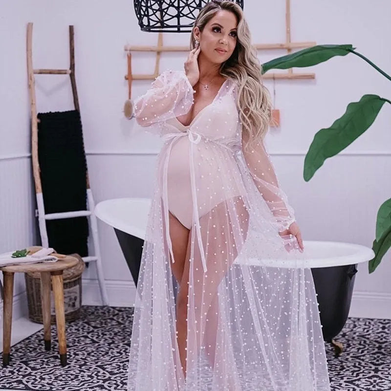 nvxiot - Mesh Beaded Maternity Photography Dress Lantern Sleeves Cardigan Sexy Perspective Pregnant SwimwearThin Breathable Gravida Shirt