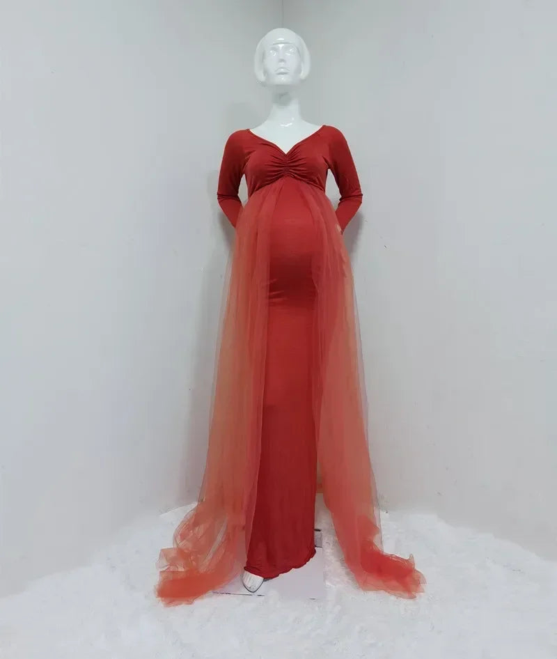 nvxiot - Summer Maternity Tulle Long Dresses Baby Shower Cotton Dress Stretchy Pregnancy Photography Dress with Cape Long Train