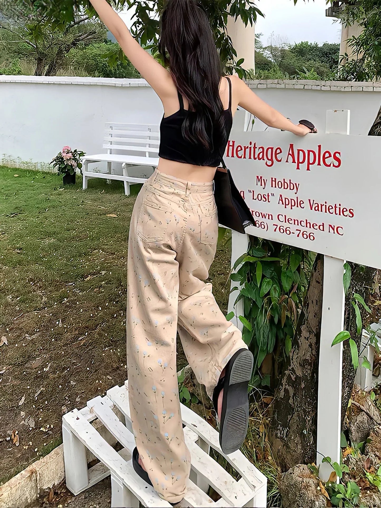 nvxiot - Plus Size Women'S Straight Jeans Small Fragmented Flower Printed Denim Pants Y2k New Wide Leg Chic Ladies Fashion Long Trouser