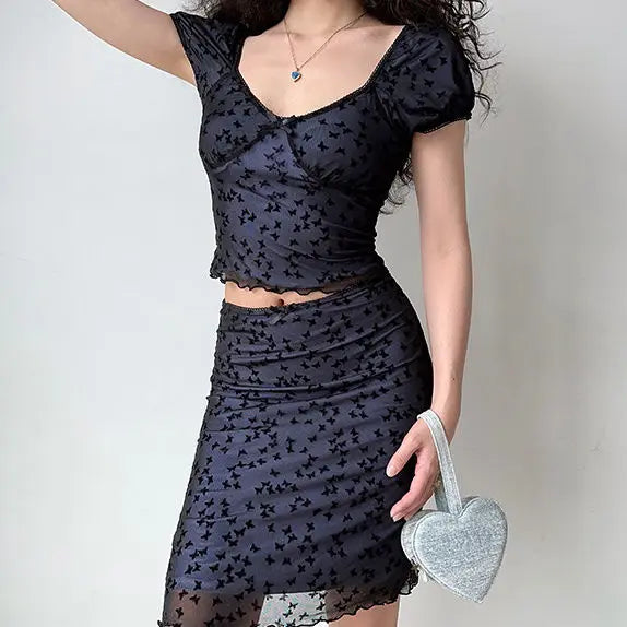 MQTIME - American Spicy Girl Butterfly Mesh Short Sleeve T-shirt Top+Hip Wrap Sexy Short Skirt Set Summer Two Pieces Sets Women Outfits