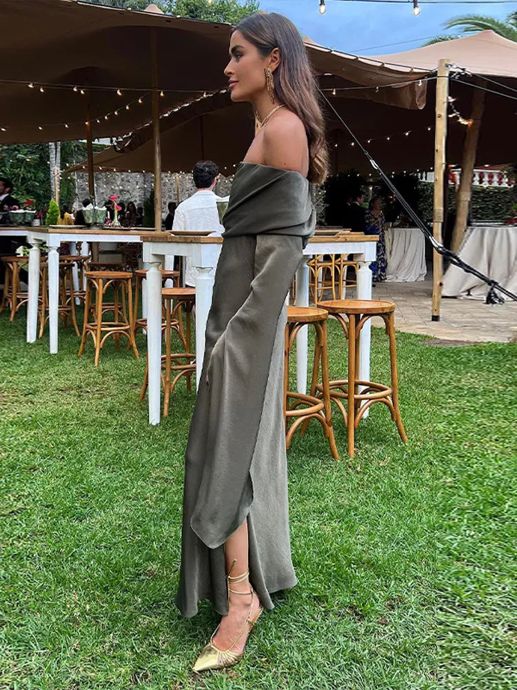 nvxiot - Fashion Sexy Solid Off Shoulder Midi Dress For Women Elegant Chic Slash Neck Long Sleeve Dresses Female Evening Party Club Robes