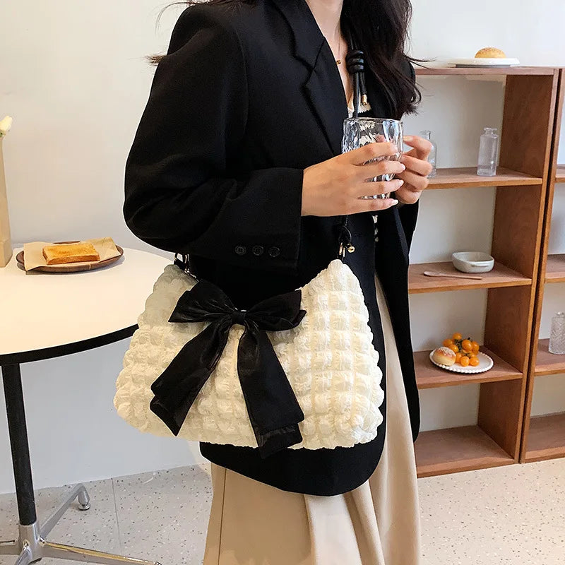 nvxiot - Fashion Pink White Handbags For Women Sweet Bow Simple Casual Shoulder Bags Ladies Daily Shopping Bag Underarm Tote Shoulder Bag