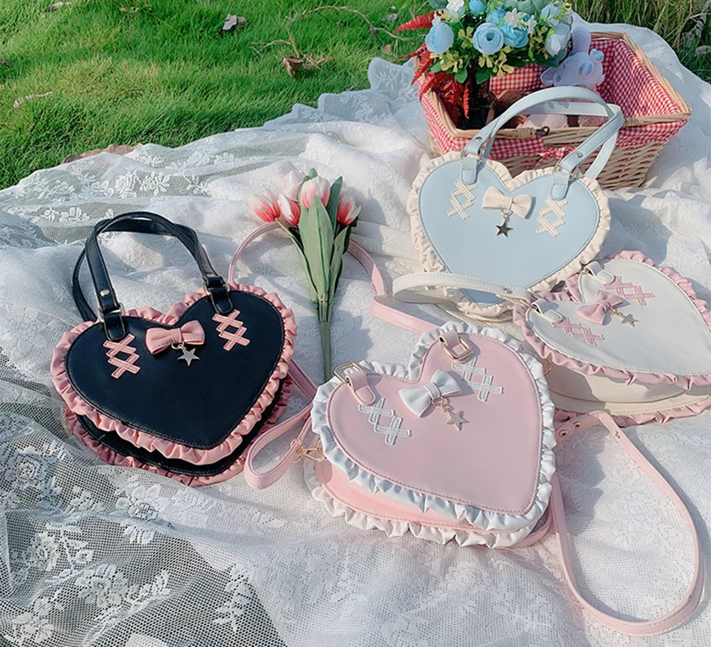 MQTIME - Lolita Kawaii Love Bow Knot Heart Purses Handbags Women Lolita Shoulder Bag Stitching Color Leather Japanese Handbag New