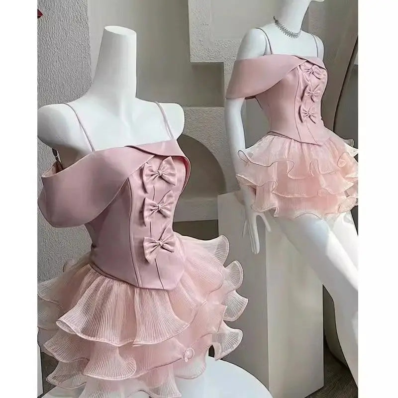 MQTIME - Women Suit Summer French Sweet Pink Two Piece Set Strapless Off Shoulder Slimming Sexy Top High Waist Puffly Short Skirt Set