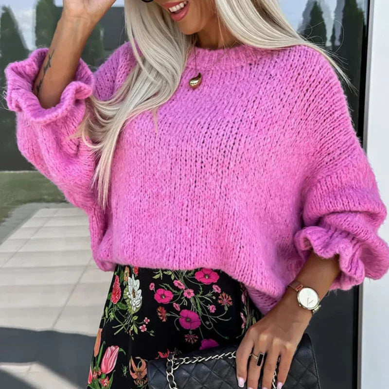 MQTIME - Autumn Casual Loose Commuting Sweater Elegant Women High Street Sweater New Vintage Solid Color O-neck Long Sleeved Knitted Top