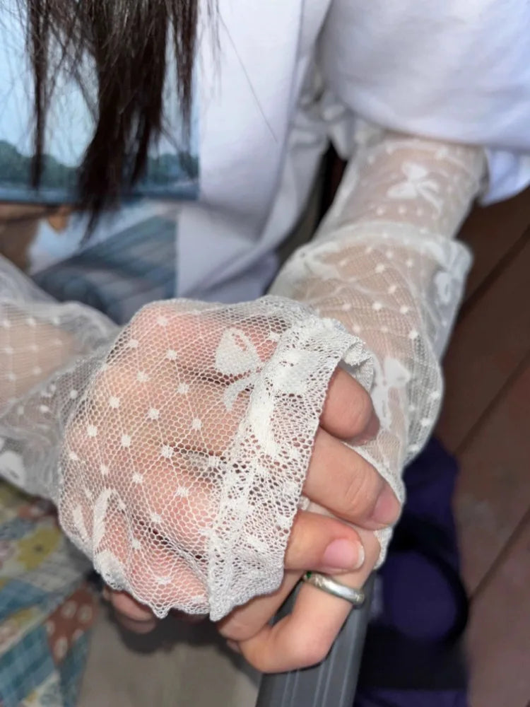 nvxiot - Spring Summer Y2k Tops Pleated Lace-up See-through Lace Base T-shirt Bow Printing Woman Korean Fashion Camisetas