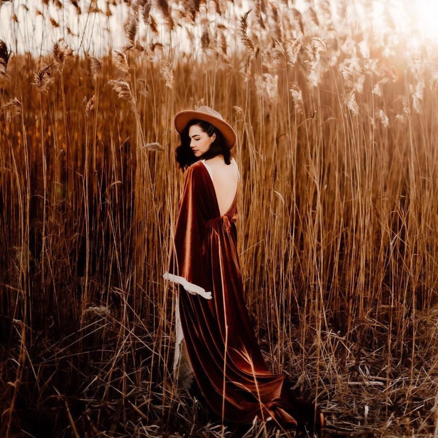 MQTIME - Lace Velvet Boho Maternity Photography Long Dress V-neck Velvet Pregnancy Photo Shoot Dress