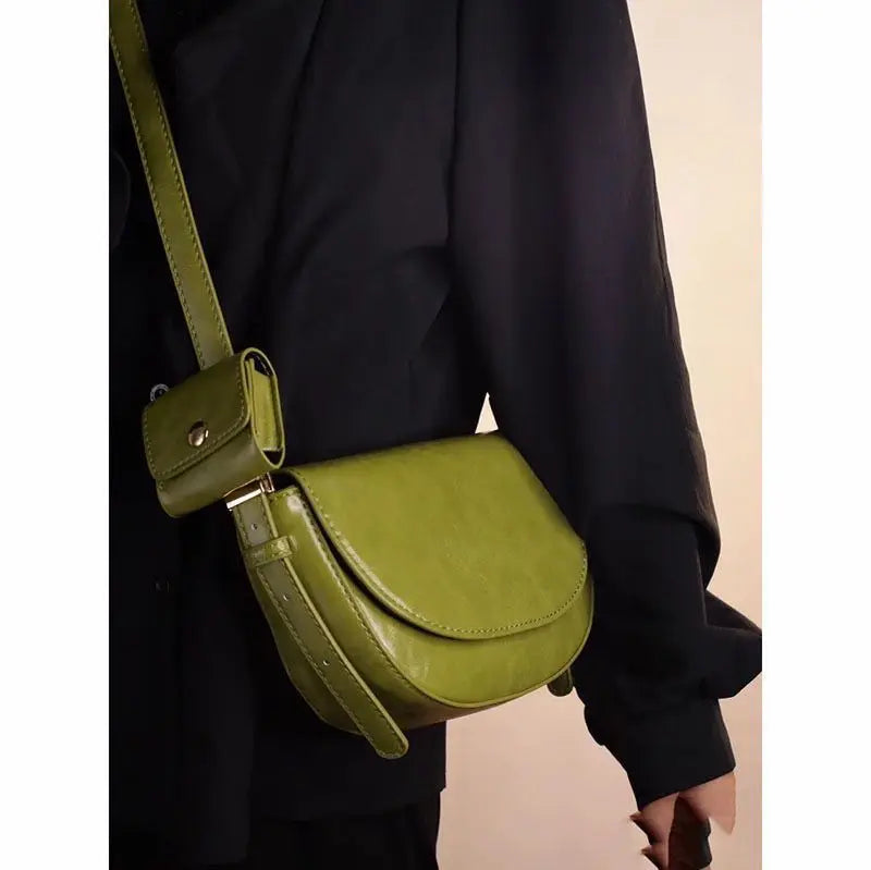 nvxiot - Vintage Green Shoulder Bag Women High Street Leather Casual Saddle Bag Handbag Female Retro Solid Crossbody Bags Ladies
