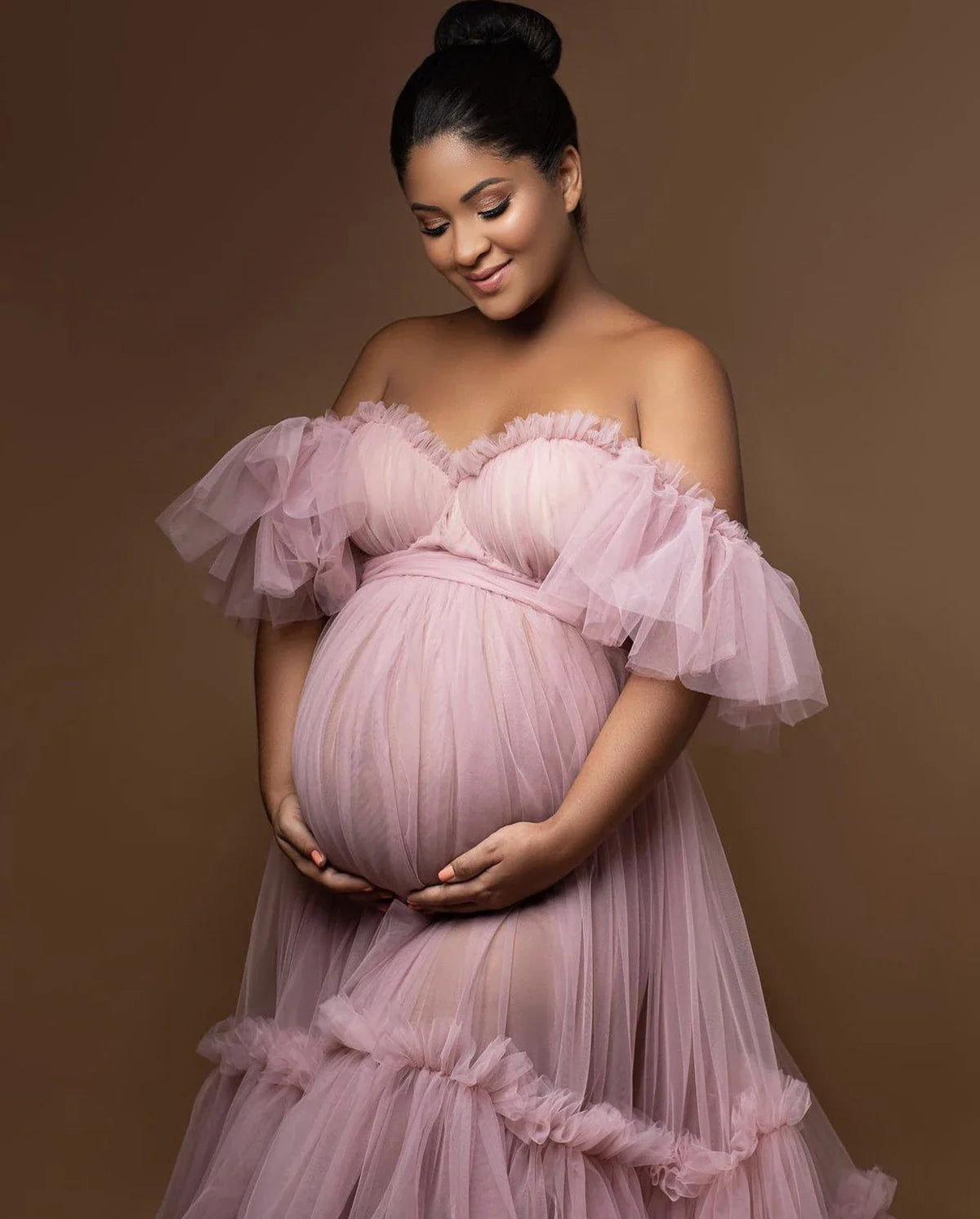 nvxiot - Ruffle Evening Dresses Women's Sweetheart Off Shoulder Pregnancy Bathgown Maternity Custom Made Tulle Robe for Photo Shoot