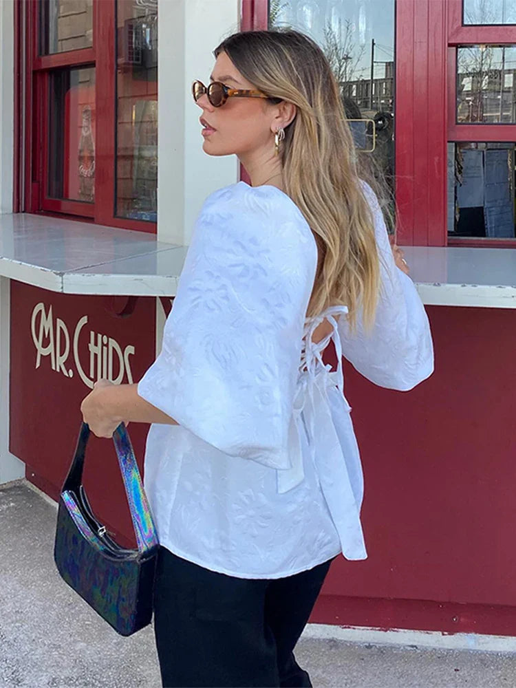 MQTIME - Embroidery Lace Up Puff Sleeve Shirts Women Loose Solid Female Blouses 2024 Summer Fashion Elegant Square Collar Lady Slim Tops