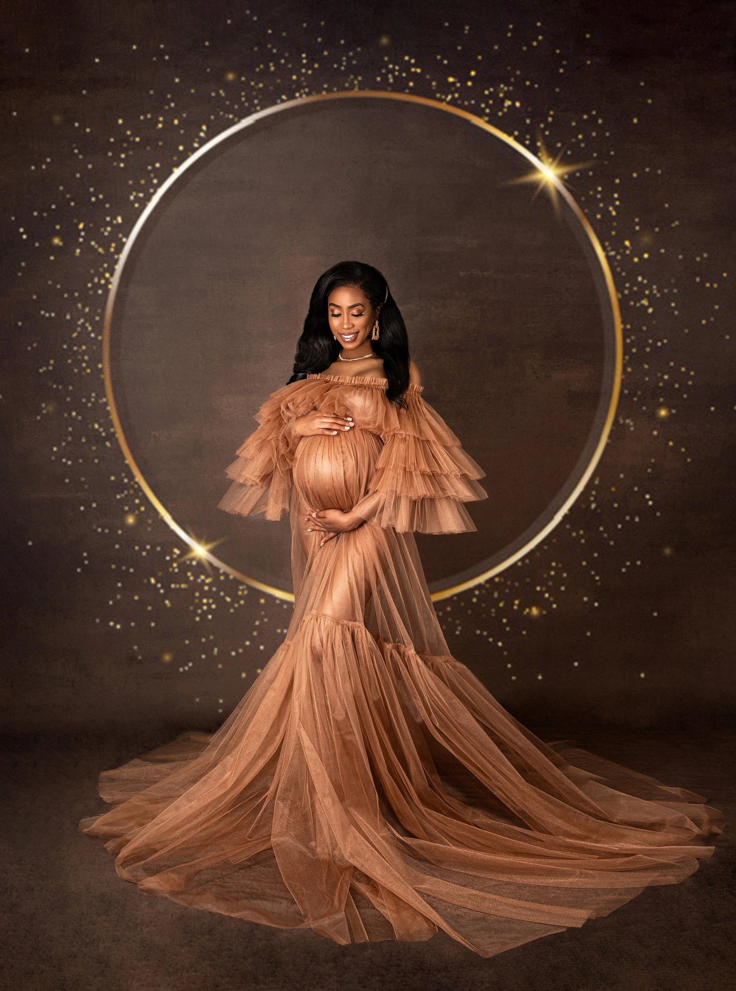 nvxiot - Sheer Tulle Maternity Dress for Photoshoot Off the Shoulder Illusion Tiered Pregnant Women Babyshower Dresses Photography Gown