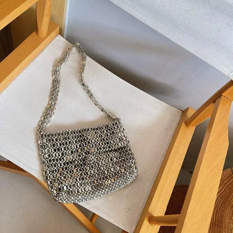 MQTIME - Vintage Handmade Ladies Handbag Weave Beaded Fashion Silver Color Shining Sequin Shoulder Bag Clutches Womens Party Handbag
