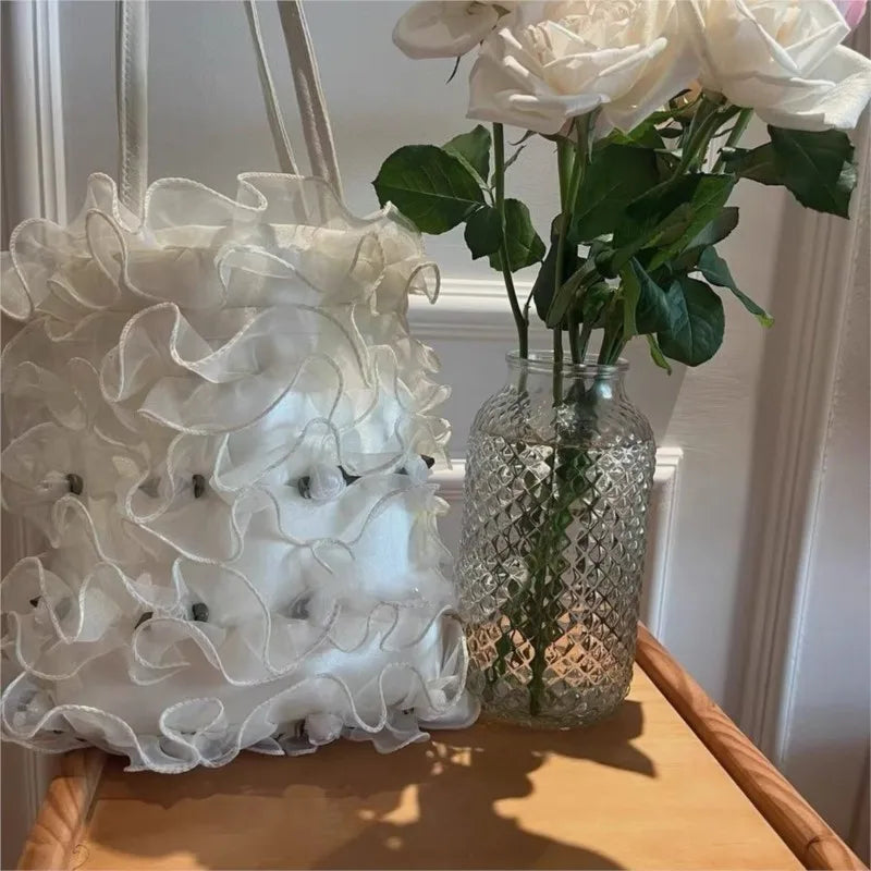 nvxiot - Fairy Core Lace Y2k Shoulder Bags Women Vintage Harajuku Folds Chic White Underarm Bag Ladies Retro Handbag Aesthetic