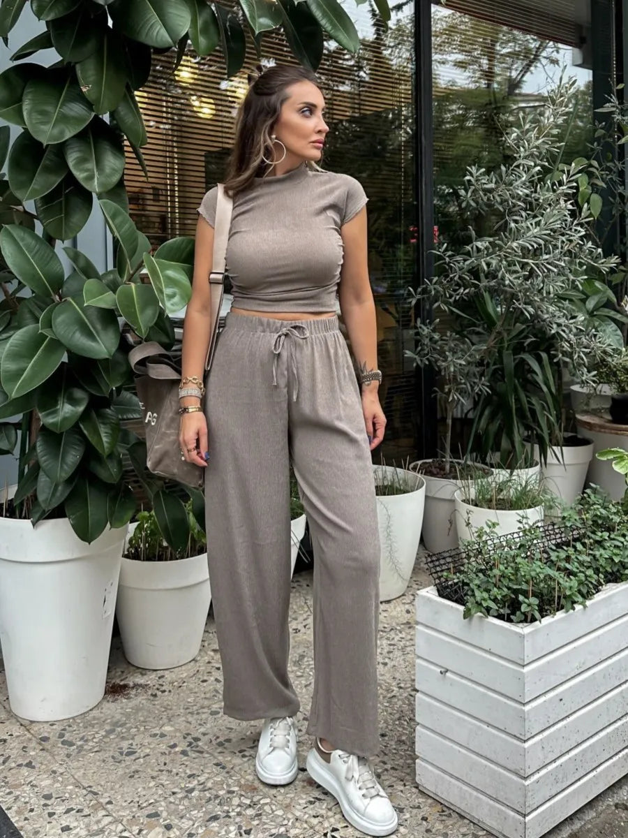 nvxiot - 2024 New Solid Casual Pants Sets Women Spring Summer Side Drawstring Cropped Tops+high Waist Trouser Suits Fashion Chic Outfits
