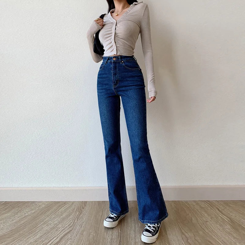 nvxiot flared jeans women straight leg solid color temperament street wide leg pants spice girl high waist women's denim trousers