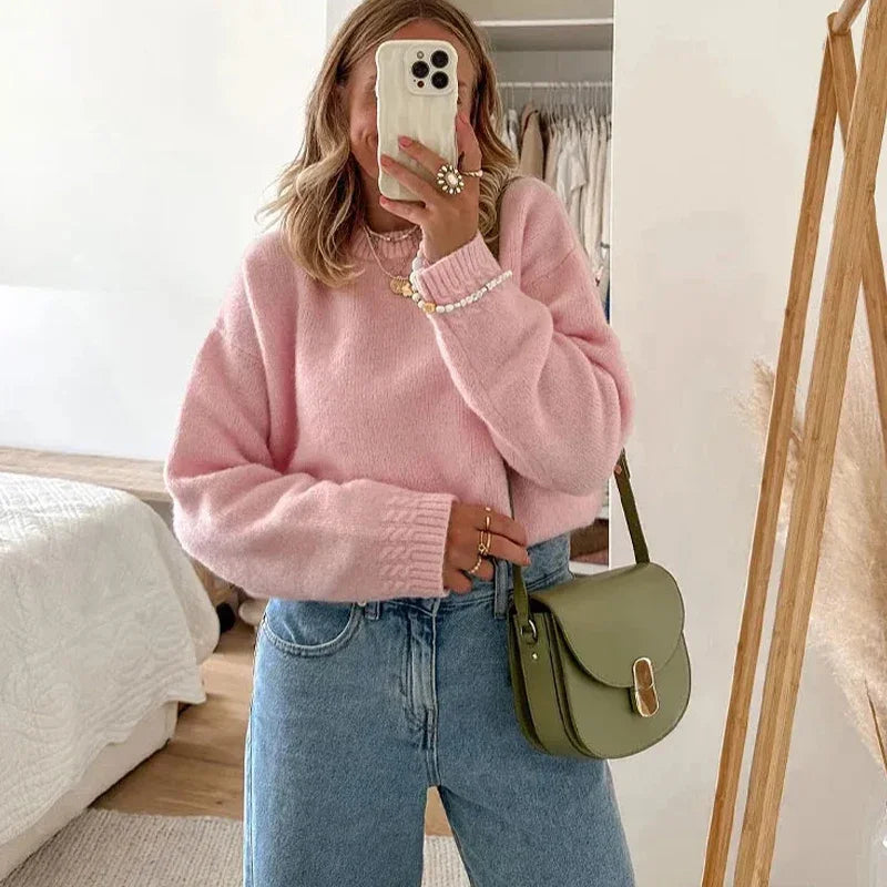 nvxiot Fashion Red Round Collar Knitted Sweater For Women Autumn Loose Knitted Pullover Female High Street Long Sleeve Lady Chic Jumper