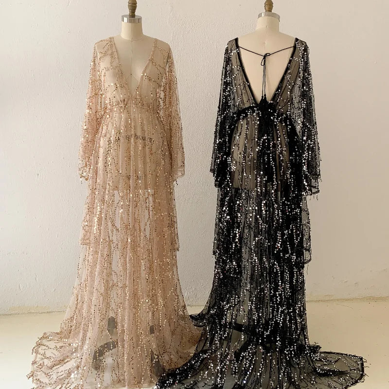 nvxiot - Sexy Sequin Maternity Photography Long Dress Lace Perspective Pregnancy Dress Photo Shoot Gown Baby Shower Dress