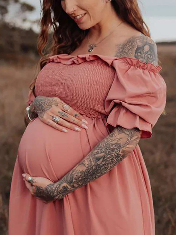 nvxiot - Pink Ruffle Off Shoulder Boho Photoshoot Pregnant Pregnancy Baby Shower Photography Maternity Clothes Maxi Dress For Women