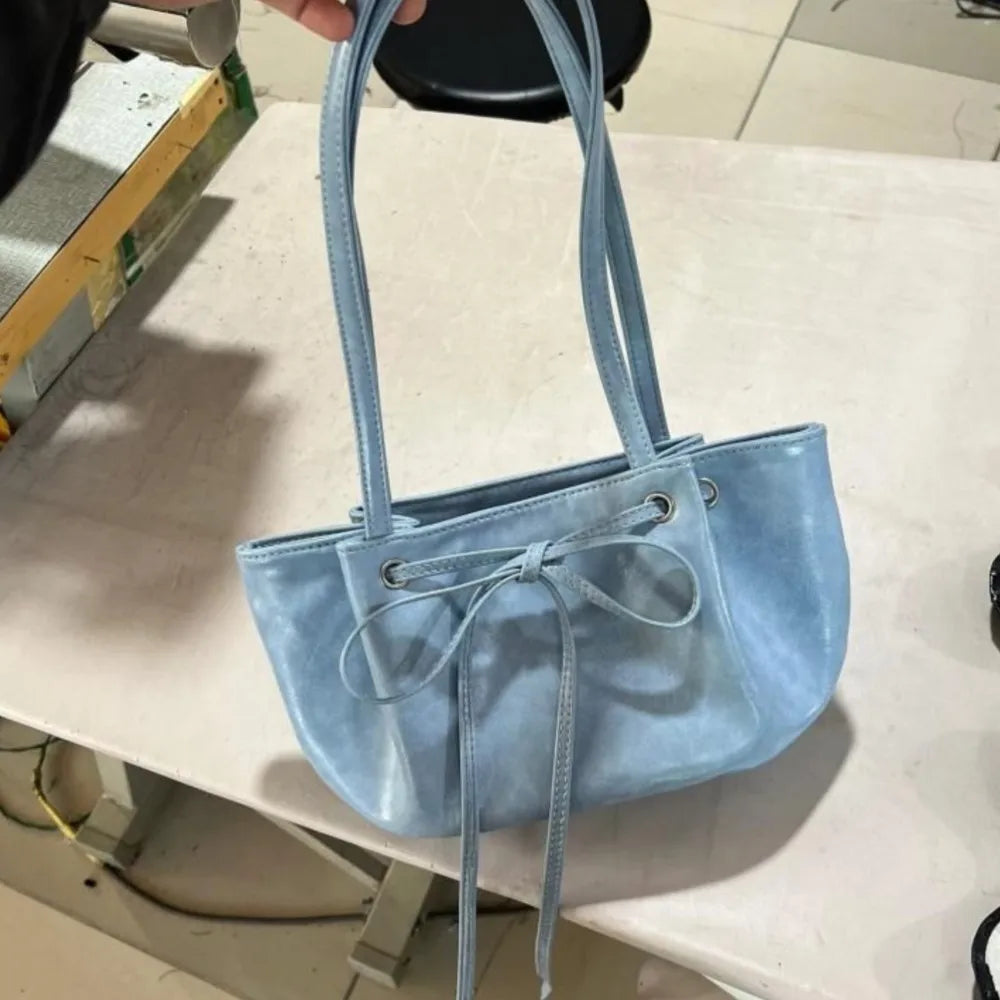 nvxiot - Harajuku Bow Blue Underarm Bags Women Hot Girls Leather Chic Casual Y2k Handbag Female Retro Cute Mini Bucket Bag 2024