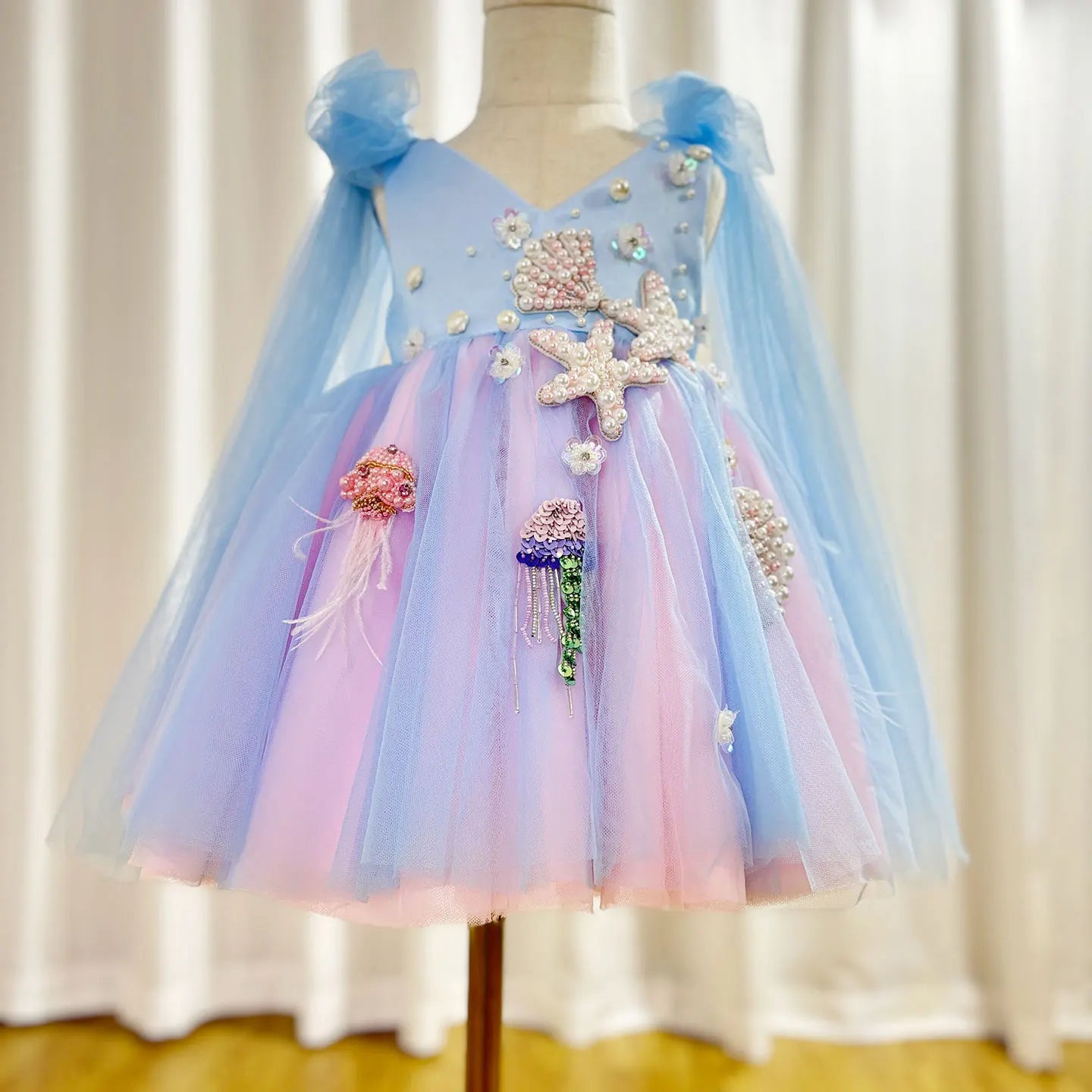 MQTIME - Luxury Sky Blue Baby Flower Girl Dresses Beaded Arab Pearls Princess Kids Gown for Birthday Wedding Evening Party J072