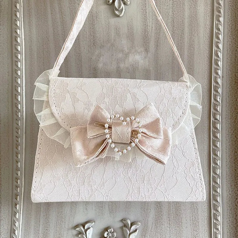 nvxiot - Lace Elegant Shoulder Bag for Women White Bow Cute Pearl Lolita Jk Handbag Original Exquisite Literary Fashion Armpit Bag