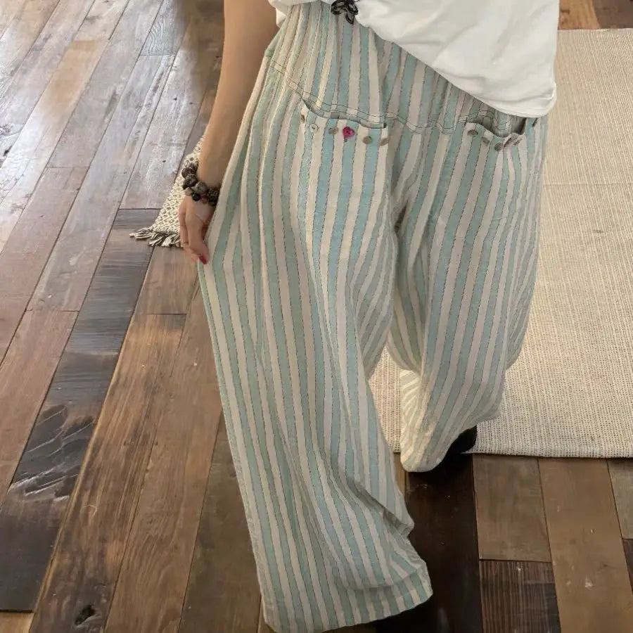 nvxiot - New Korean Fashion Blue Stripe Colorful Shell Buckle Wide Leg Pants for Women Summer High Waist Loose BF Lazy Style Causal Pants