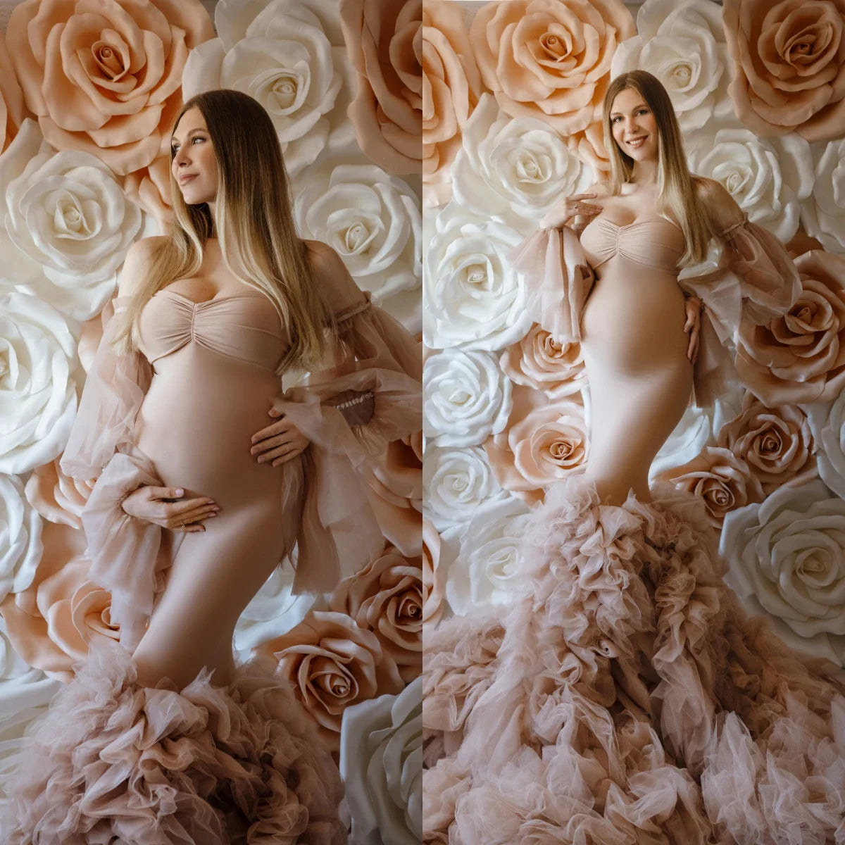 nvxiot - Champagne Mermaid Maternity Dresses Off Shoulder Tiered Ruffles Pregnant Women Photography Robes Vintage Baby Shower Gowns