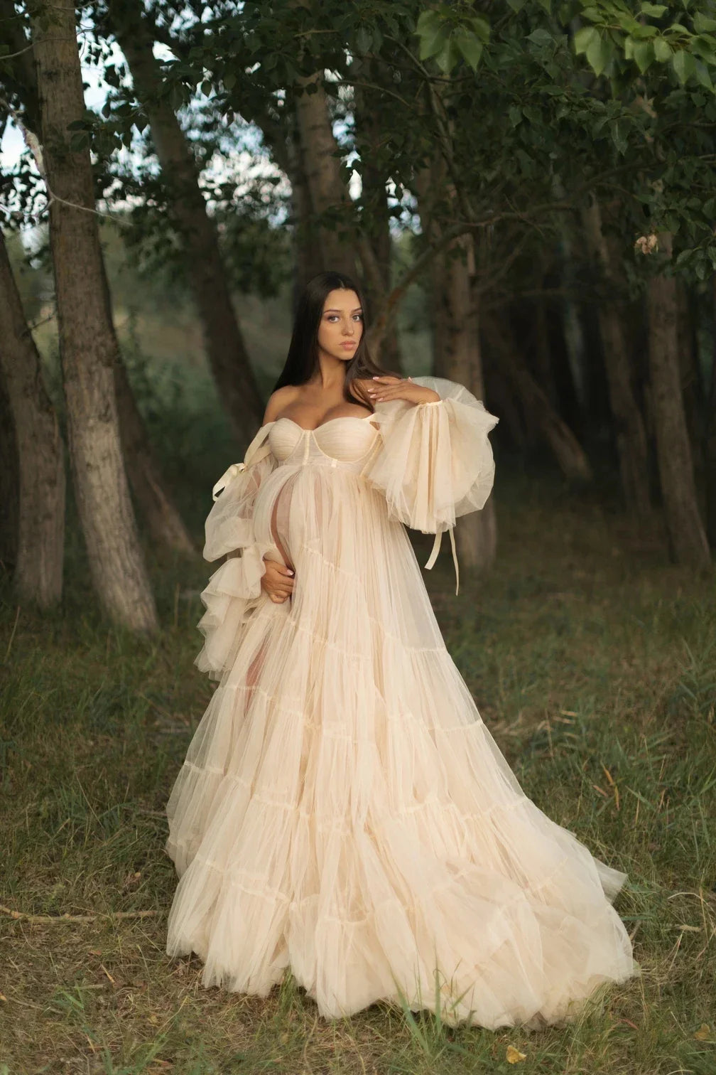 nvxiot - Gorgeous Ruffled Tulle Maternity Dresses for Photography Fluffy Tulle Pregnancy Women Photo Shoot Dress Maternity Robes Custom