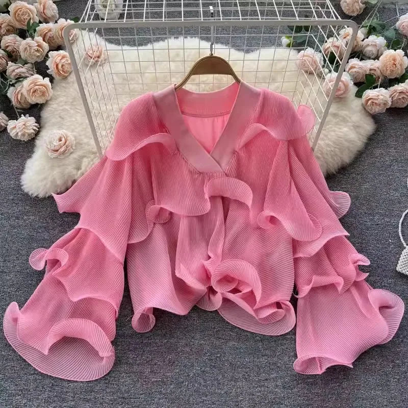 nvxiot - White Chiffon Ruffles Maternity Photography Tops Shirts Long Sleeve V Neck Pleats Chiffon Shirts For Pregnancy Photoshoot Blouse