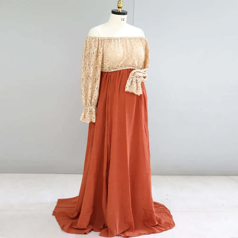 nvxiot - Maternity Dresses For Photo Shoot Two Piece Lace Top and Linen Cotton Skirt Vintage Boho Photography Dress for Baby Showers