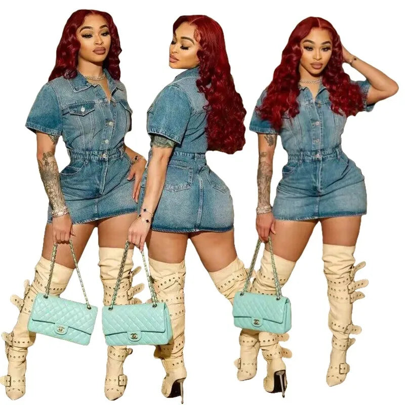 nvxiot - Fashion Slim Stretch Mini Denim Dress Women 2024 Spring Summer Turn Down Collar Short Sleeve Button Bodycon Casual Jeans Dresses