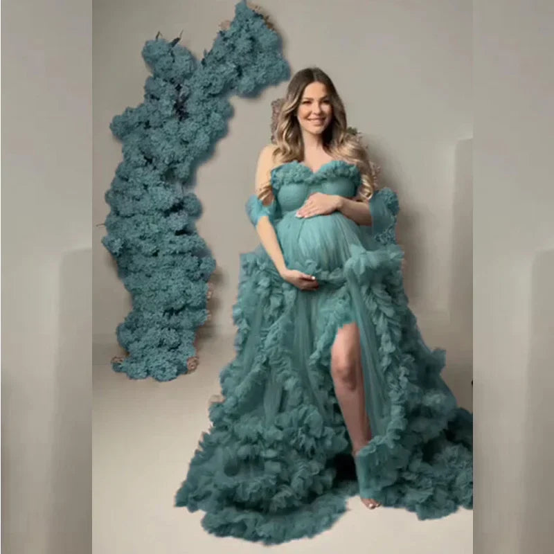 MQTIME - Maternity Dresses for Photoshoot Puffy Ruffles Tulle Pregnancy Gowns Baby Shower