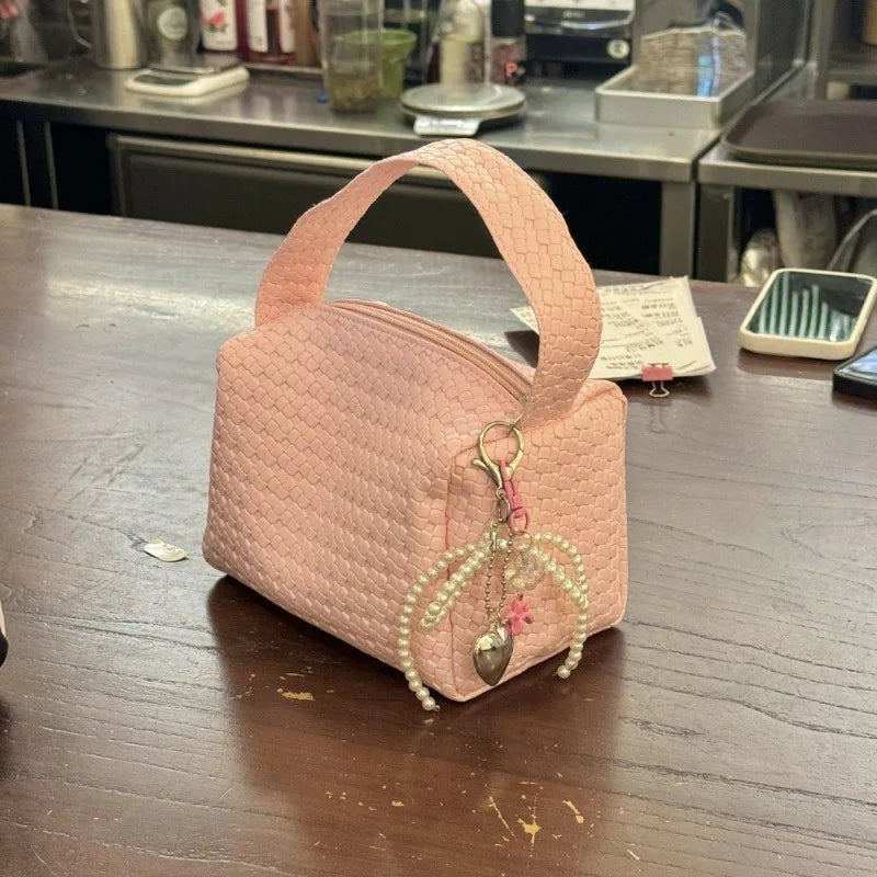 nvxiot - Pink Sweet Handbags for Women Weave Pattern Pu Leather Cosmetic Bag Portable Fashion Small Cute Elegant Ladies New in Bag