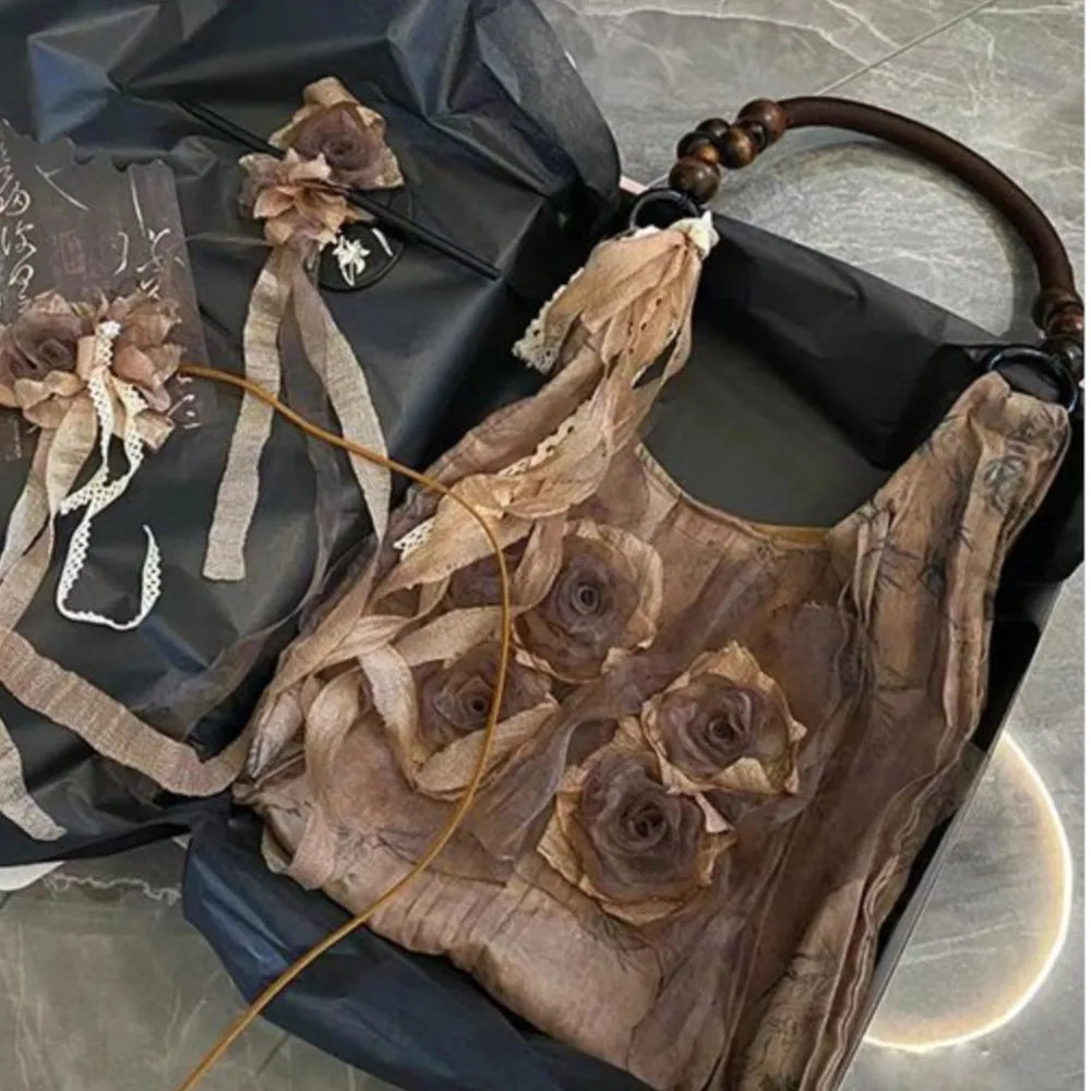 nvxiot - Fairy Core Rose Handbag Women Vintage Chinese Style Folds Chic Black Shoulder Bags Ladies Retro Sweet Cool Y2k Purses