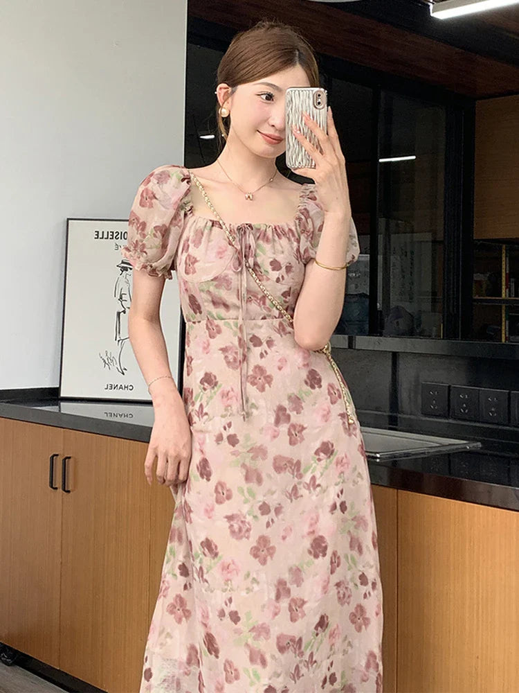 MQTIME - Tea break French rose floral dress for women's 2024 summer new high-end temperament bubble sleeve vacation long dress