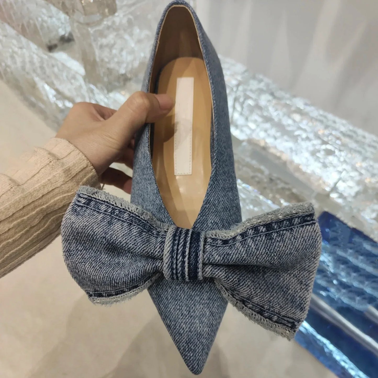 nvxiot - New Designer Blue jeans bow flat shoes woman cloth patchwork flats sewing Pointed large bow denim loafers for women